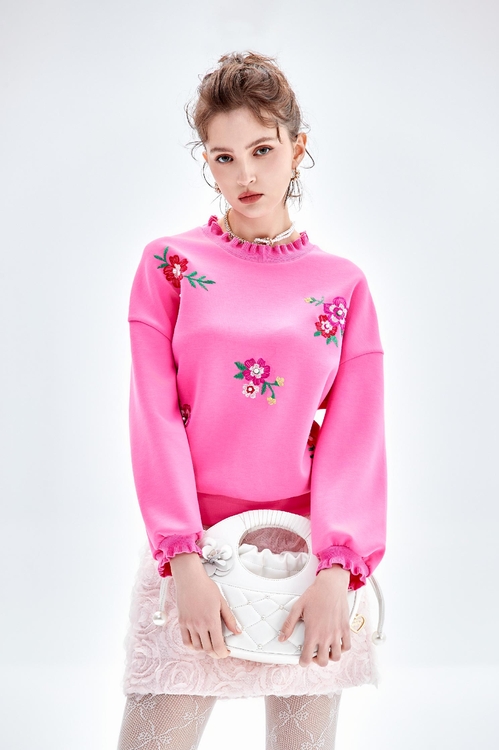 Floral Embroidery Long Sleeve Pink Top,Embroidered,Embroidered