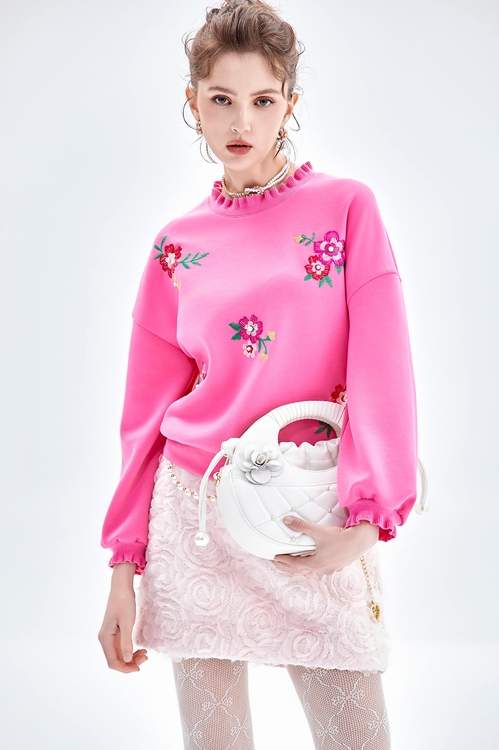 Floral Embroidery Long Sleeve Pink Top,Embroidered,Embroidered