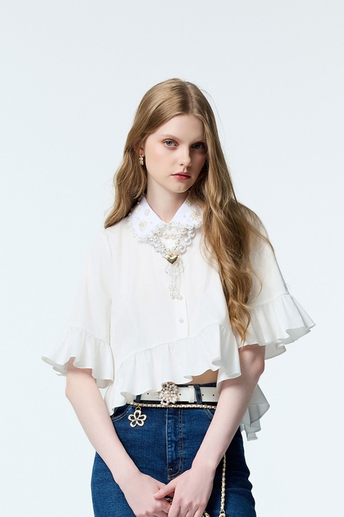 Pearl Detail Collar Baby Doll Top,Valentine