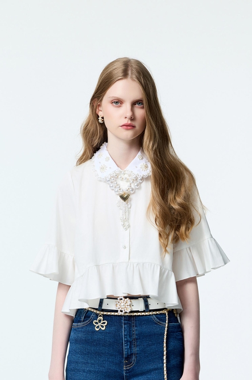 Pearl Detail Collar Baby Doll Top,Valentine