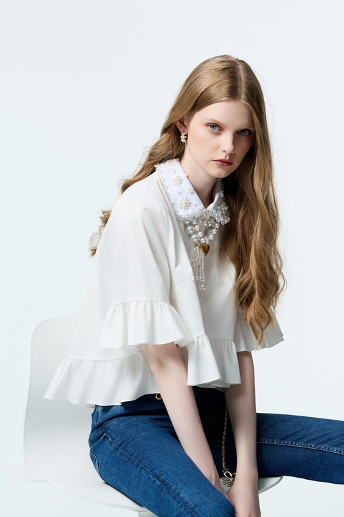 Pearl Detail Collar Baby Doll Top,Valentine