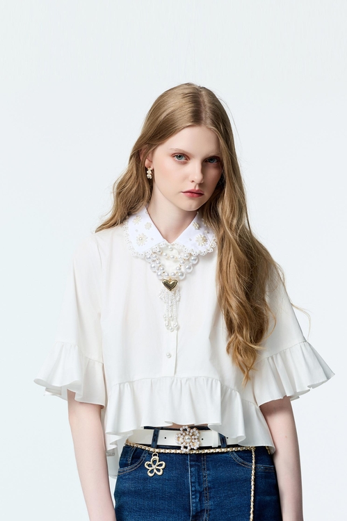 Pearl Detail Collar Baby Doll Top,Valentine