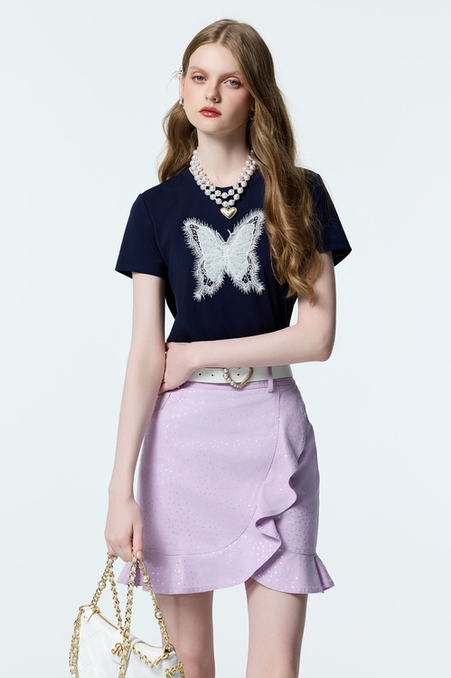 Butterfly Lace Detail Navy Tee,Valentine