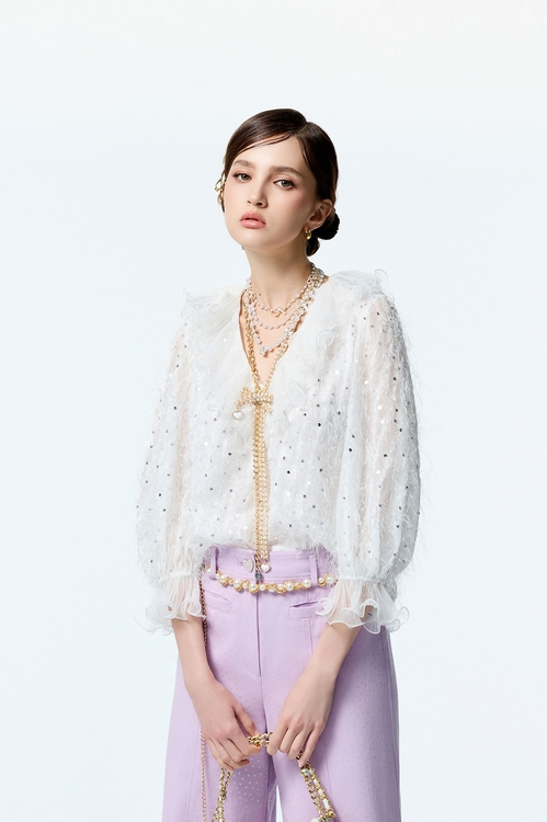 Sequin Fringe Top With Ruffle Detail,Valentine