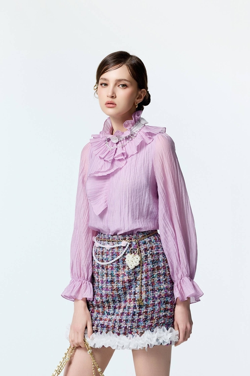 Pleated Ruffle Collar Purple Top,Valentine