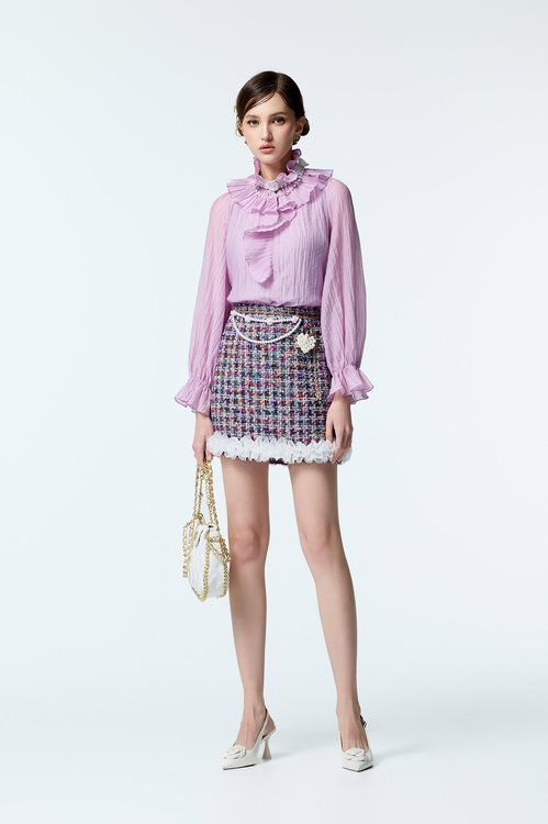 Pleated Ruffle Collar Purple Top,Valentine
