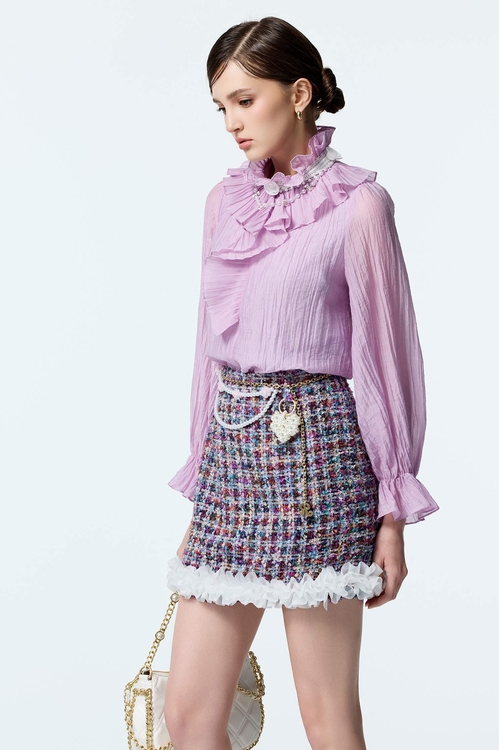 Pleated Ruffle Collar Purple Top,Valentine