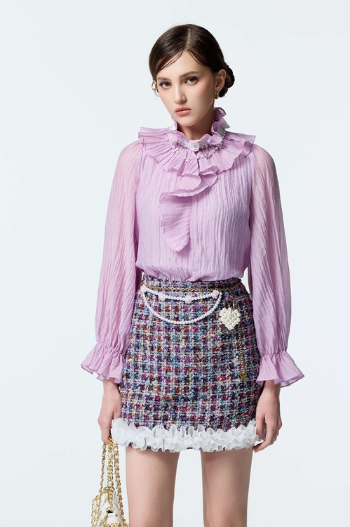 Pleated Ruffle Collar Purple Top,Valentine