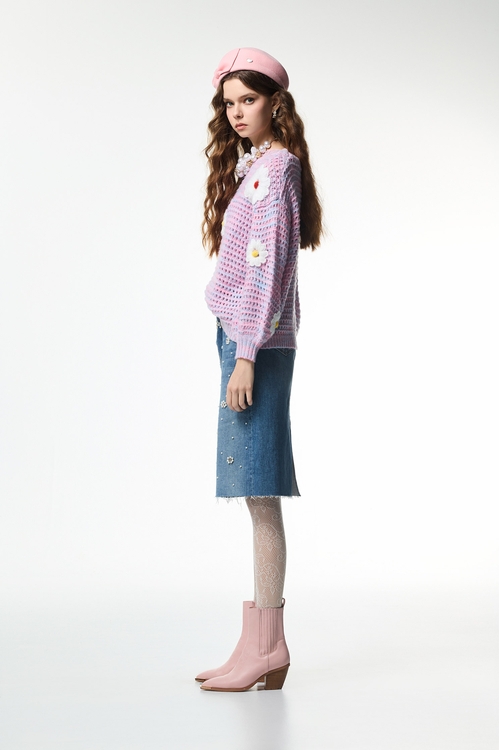 Handcraft Floral Detail Purple Knit Top,bestselling