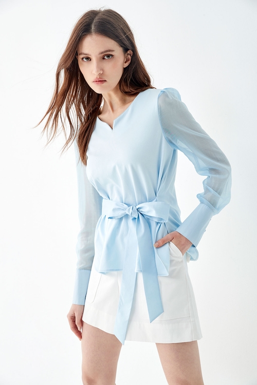 Long Sleeve Top With Front Ribbon Waist Tie,T-shirts