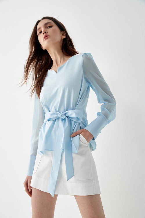 Long Sleeve Top With Front Ribbon Waist Tie,T-shirts