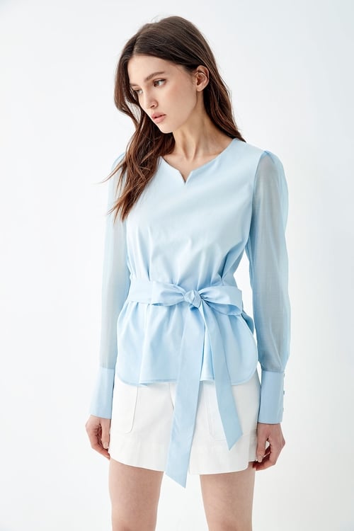 Long Sleeve Top With Front Ribbon Waist Tie,T-shirts