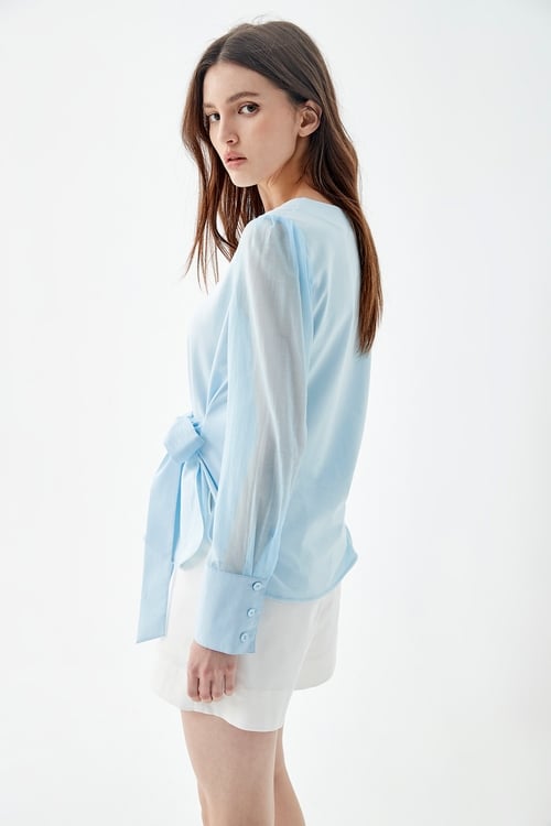 Long Sleeve Top With Front Ribbon Waist Tie,T-shirts