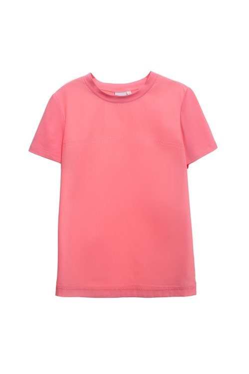 Short Sleeve Pink Tee With Navy Stitching Detail,Short sleeve tops