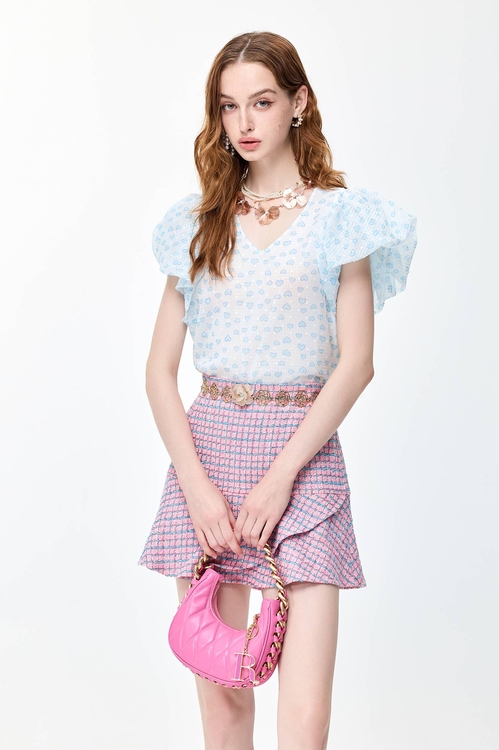 Heart Printed Puff Sleeve Top,Chiffon