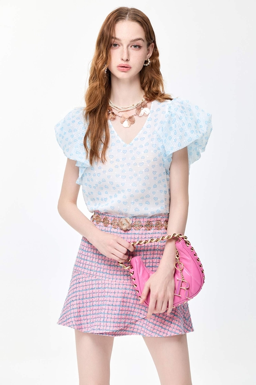 Heart Printed Puff Sleeve Top,Chiffon