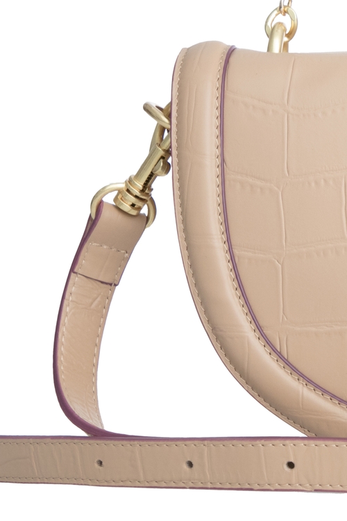 Half Moon Khaki Sling Bag With Pearl Detail,Leather,Leather