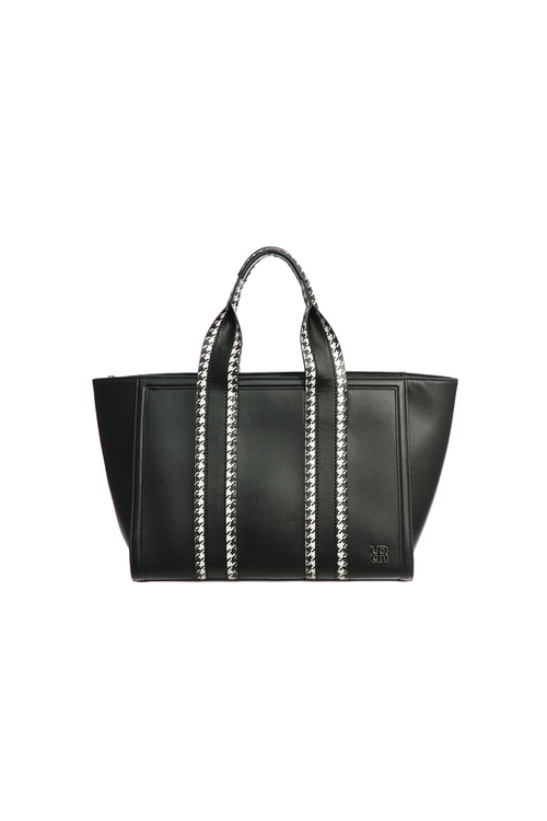 Black Leather Bag With Houndstooth Trim Handle Detail,Leather,Leather