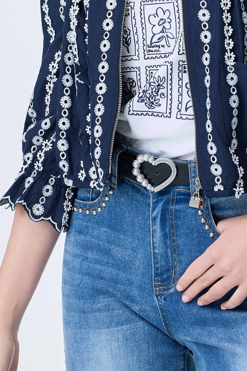 Heart With Pearl Detail Hardware Leather Belt,,Heart With Pearl Detail Hardware Leather Belt