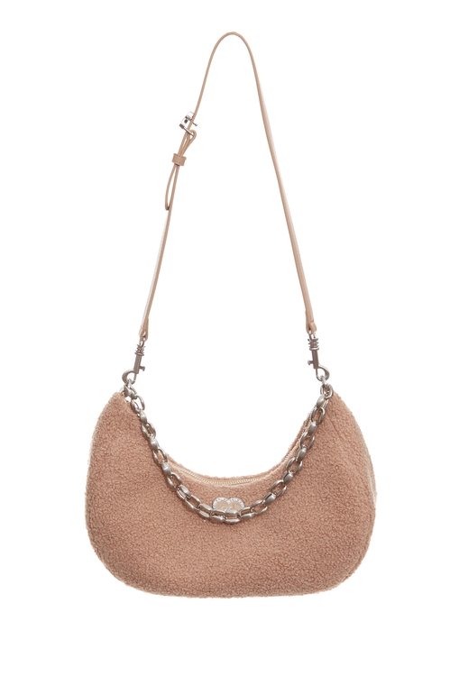 Faux Shearling Cresent Hobo Bag,Leather,Leather