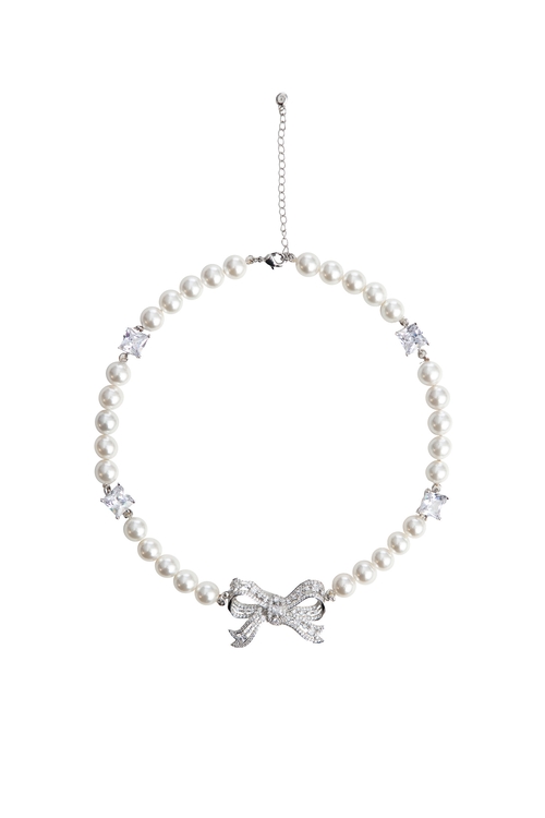 Pearl Necklace With Diamonte Bow Pendant,Necklaces