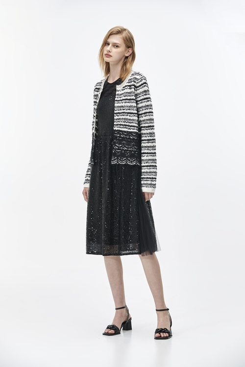 Black Stripe Cardigan With Lace,Ready for Winter