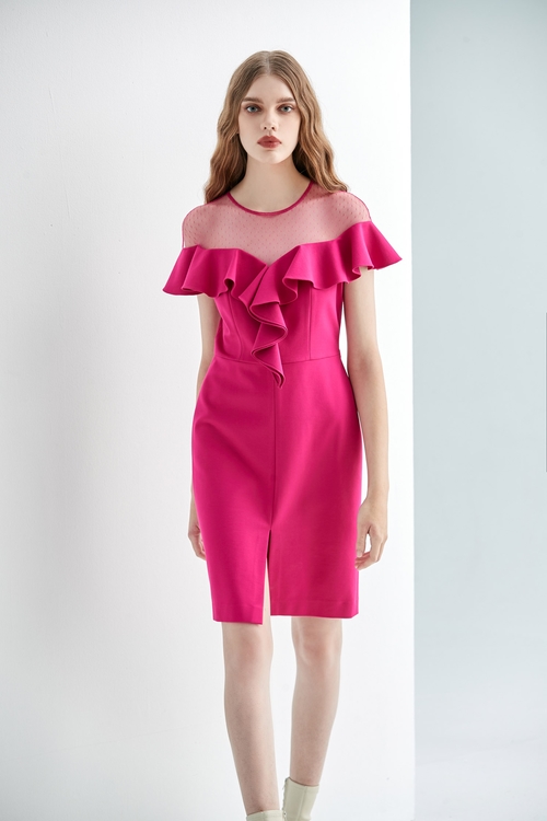 Fushia Pink Ruffle Detail Fitted Dress,Valentine