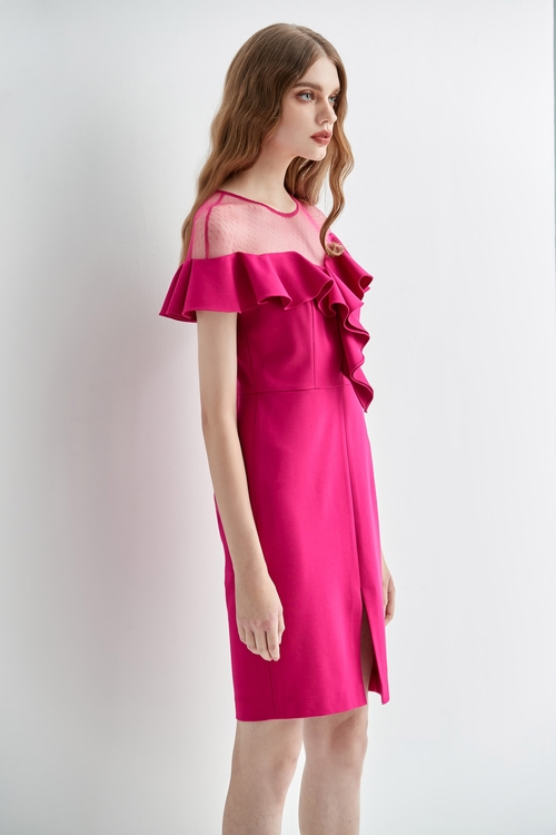 Fushia Pink Ruffle Detail Fitted Dress,Valentine