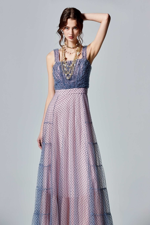 Dotted Print Mesh Evening Dress,Evening dresses