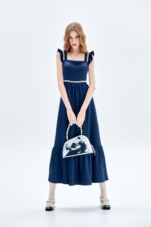 Navy Ruffle Strap Maxi Dress,cocktaildresses