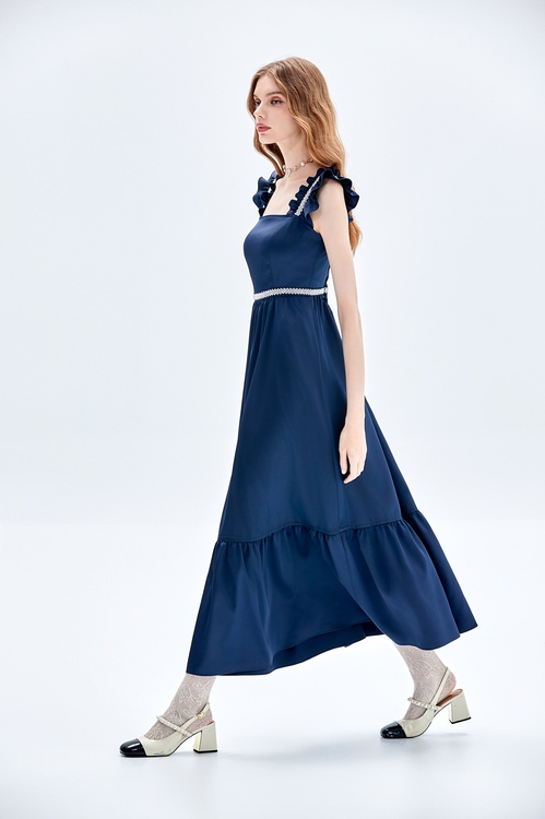 Navy Ruffle Strap Maxi Dress,cocktaildresses