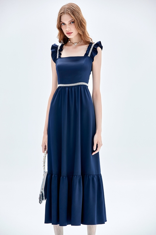 Navy Ruffle Strap Maxi Dress,cocktaildresses