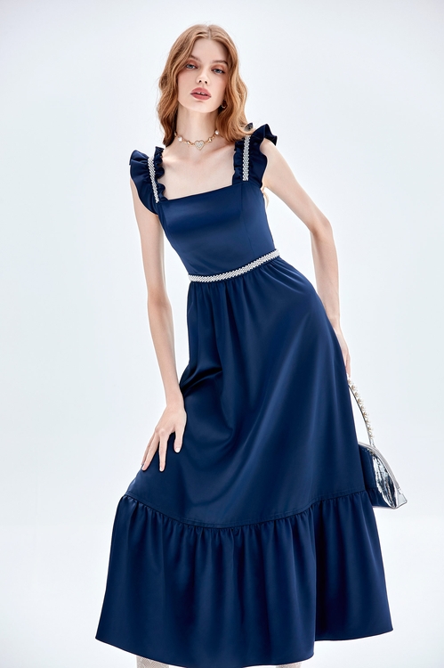 Navy Ruffle Strap Maxi Dress,cocktaildresses