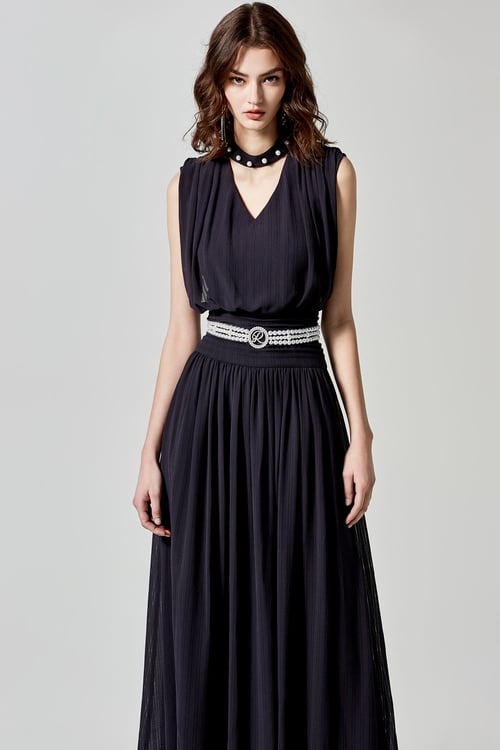 V-neck Navy Maxi Dress With Pearl Detail,cocktaildresses