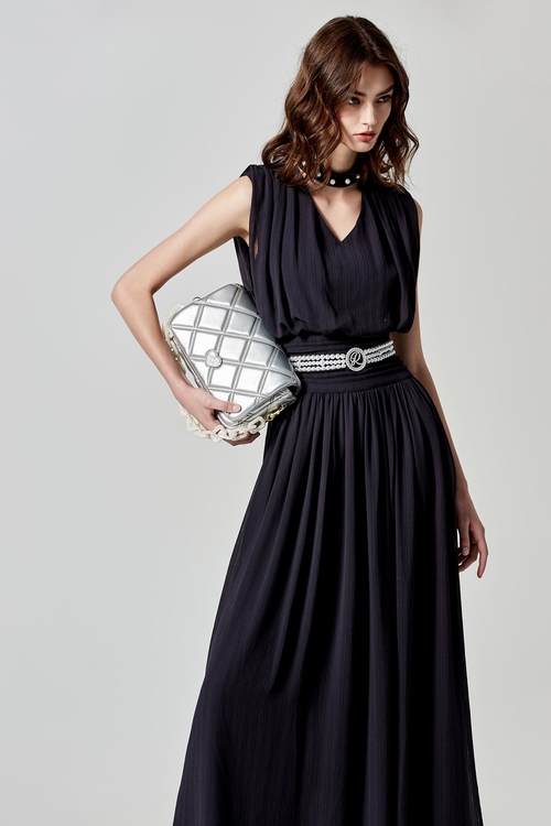 V-neck Navy Maxi Dress With Pearl Detail,Evening dresses