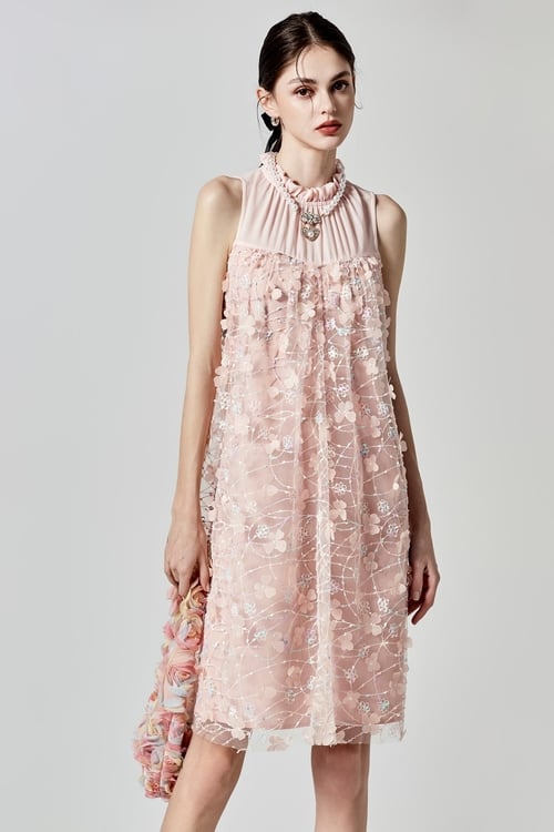 3-D Floral Detail Pink Dress,Evening dresses