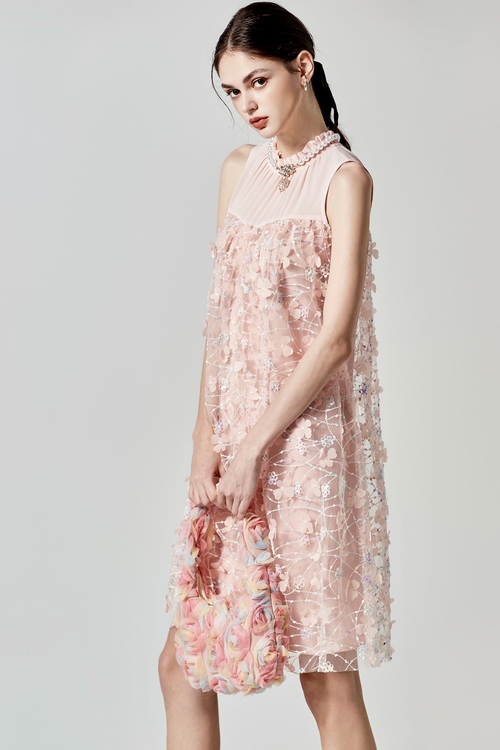 3-D Floral Detail Pink Dress,Evening dresses