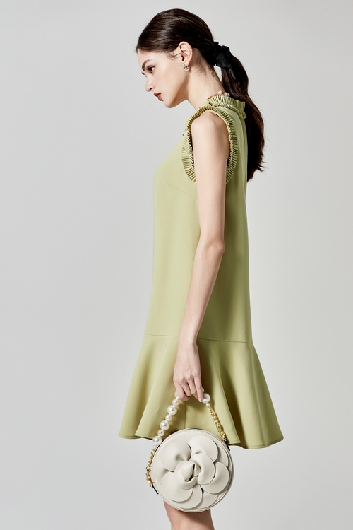 Pleated Trim Detail Sleeveless Green Dress,Evening dresses