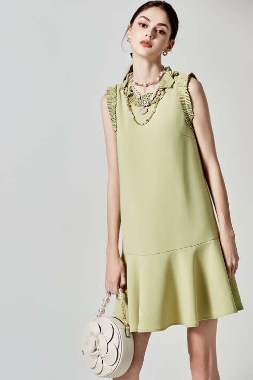 Pleated Trim Detail Sleeveless Green Dress,Evening dresses