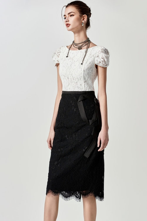 Black White Full Lace Bow Detail Dress,Evening dresses