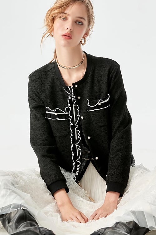 Button Front Knit Cardigan With White Trim Detail,Long sleeve outerwear