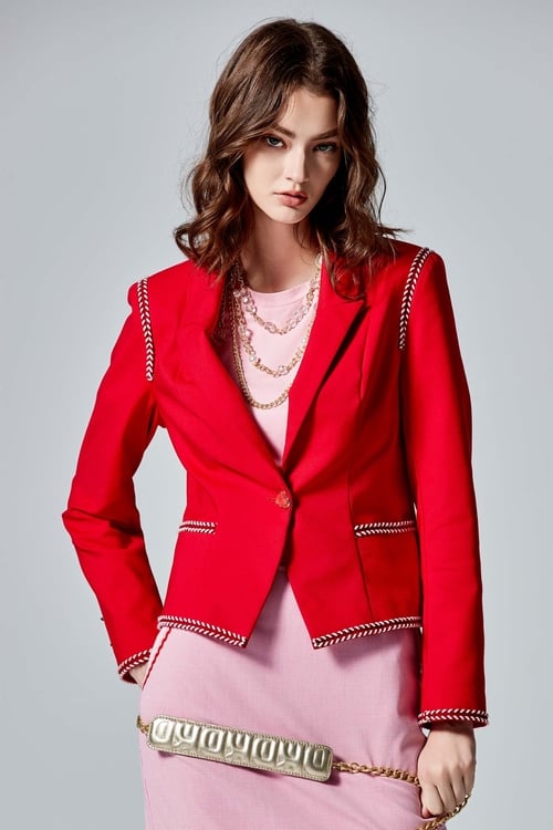 Red Blazer With Braided Ribbon Trim Detail,Blazers