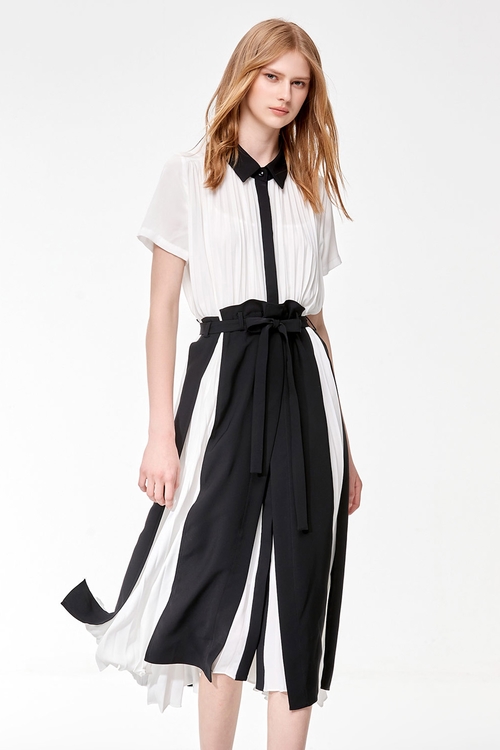 Pleated Colour Block Chiffon Dress,Under shirts