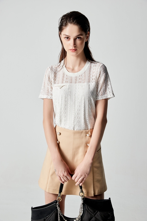 Short Sleeve Fake Pocket Lace Top,Lace tops,Lace tops