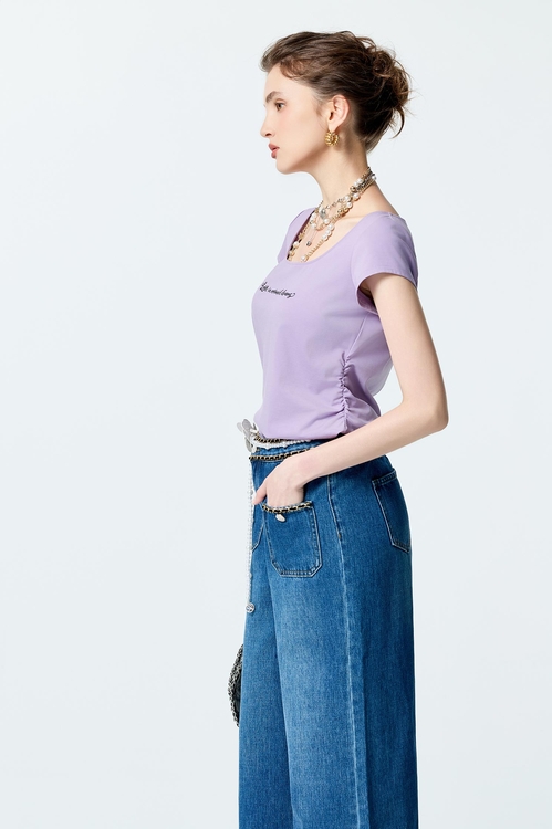 Short Sleeve Shirring Detail Tee,White tops,White tops