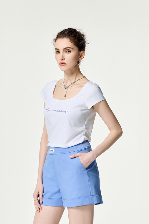 Short Sleeve Shirring Detail Tee,White tops,White tops