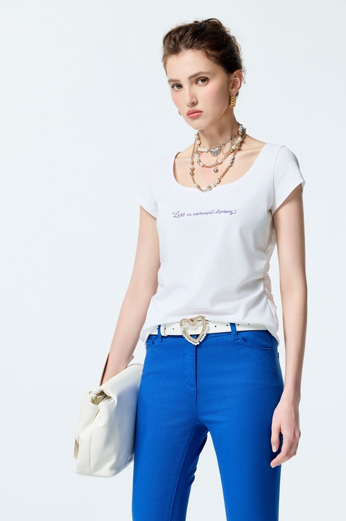 Short Sleeve Shirring Detail Tee,White tops,White tops