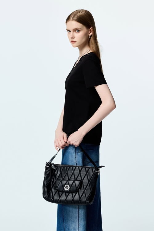 V-neck Contrast Stitch Detail Tee,Tops