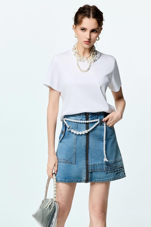Embroidered Slogan Basic Tee,T-shirts