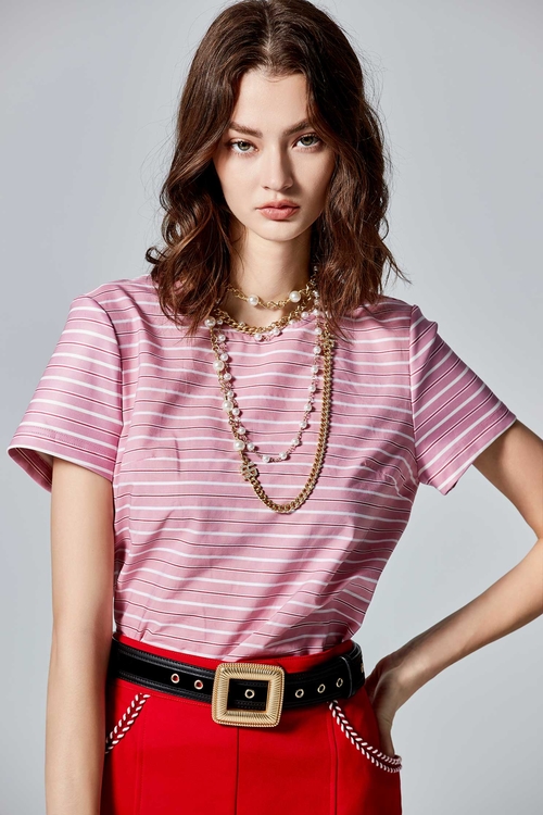 Stripe Print Short Sleeve Pink Top,Stripe